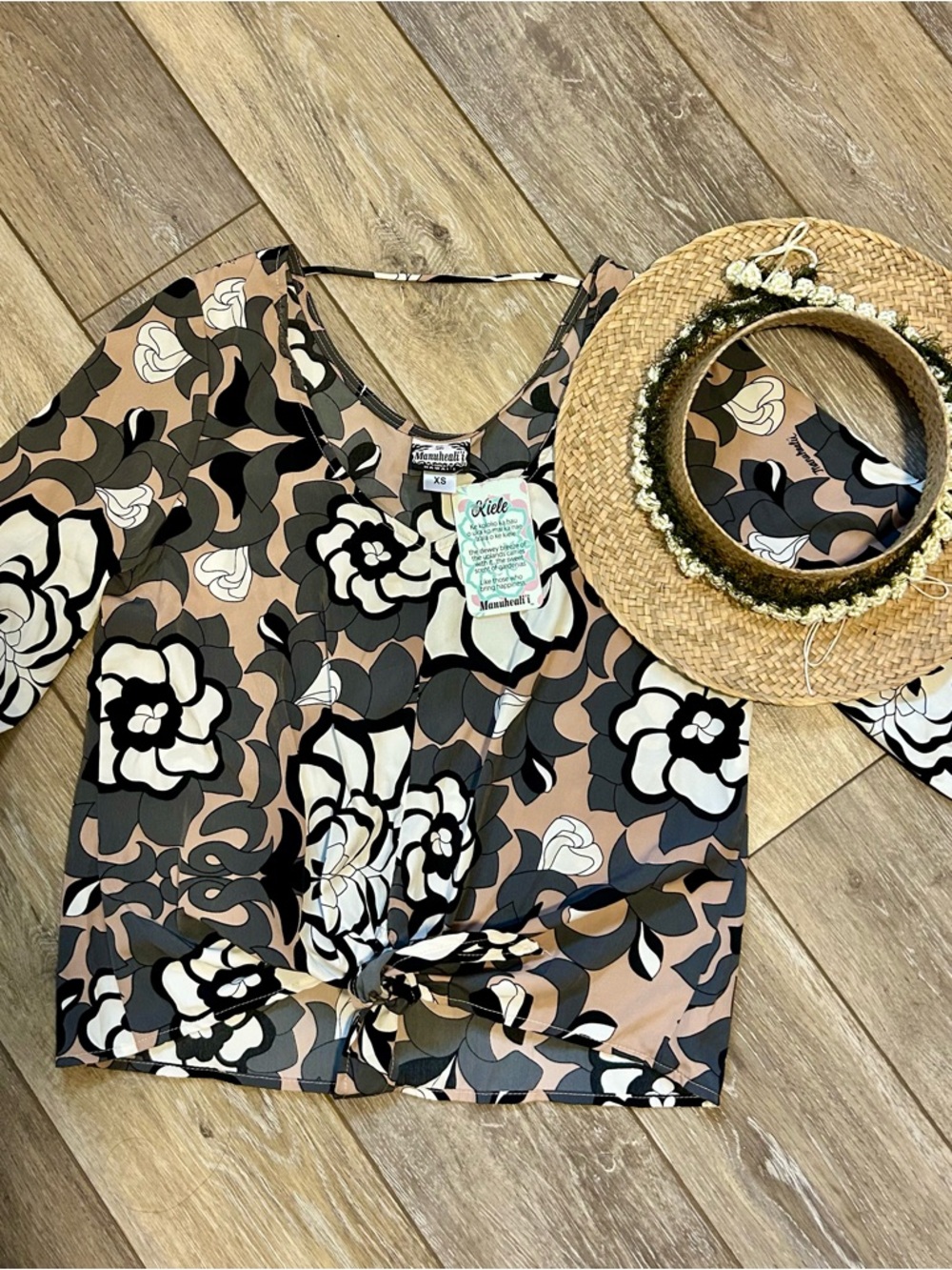 Manuhealii Beige Black Floral Tie-Front Blouse